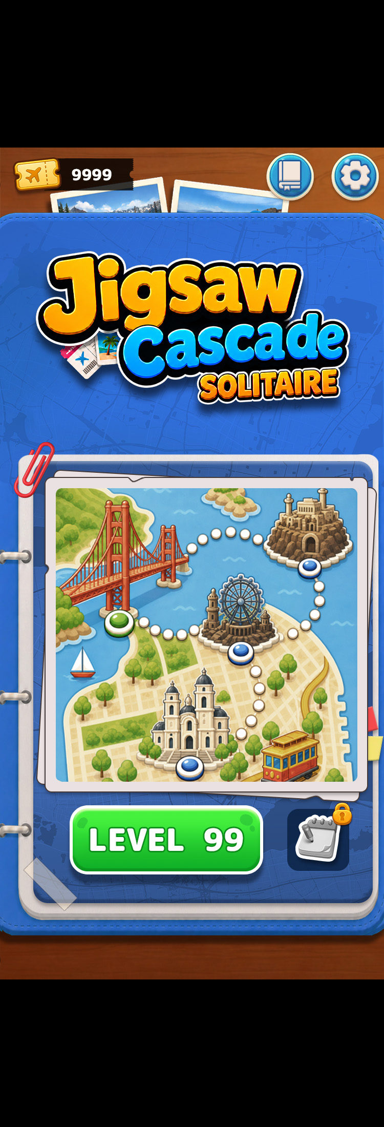 Jigsaw Cascade Solitaire game screen showing a blue travel album and a colorful map of San Francisco