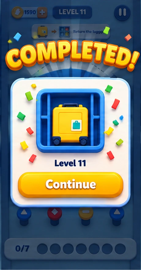 Completed level with a suitcase and celebratory confetti