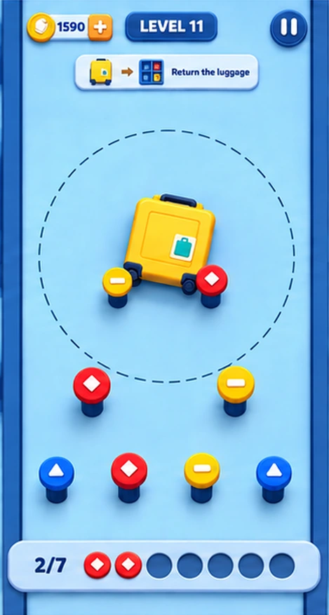 A Pin & Go! level showing a yellow suitcase, shaped bolts, and a seven-slot collection tray