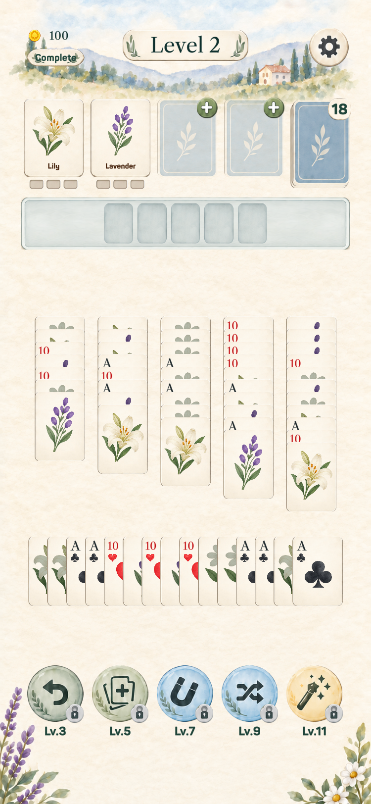 Card Match gameplay showing lily and lavender cards, card columns, and boosters