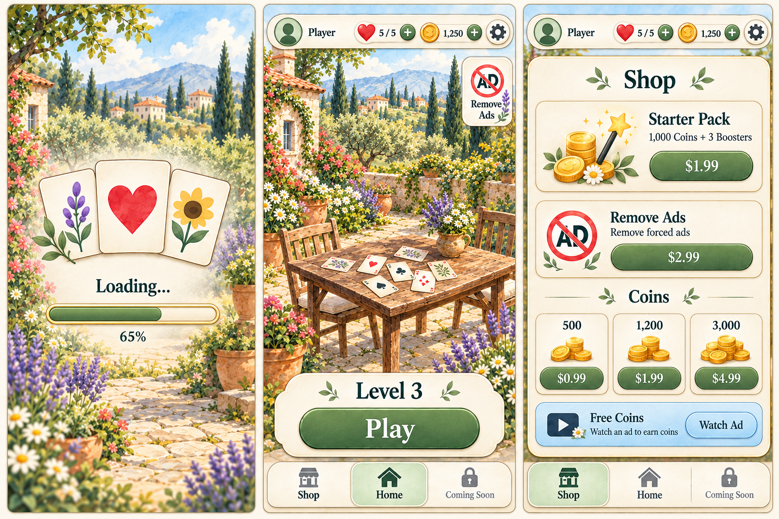 A watercolor garden with lavender, sunflowers, and illustrated playing cards