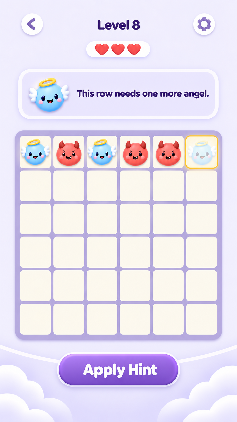 Level 8 showing a six-by-six puzzle board and a hint that this row needs one more angel