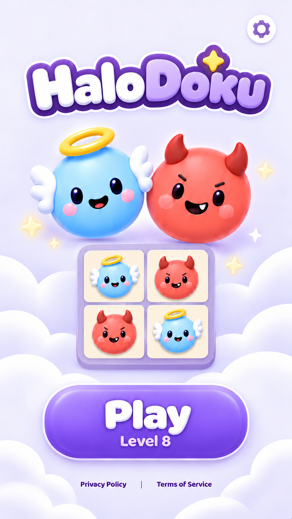 Game artwork with a blue angel, a red little devil, and a matching puzzle grid