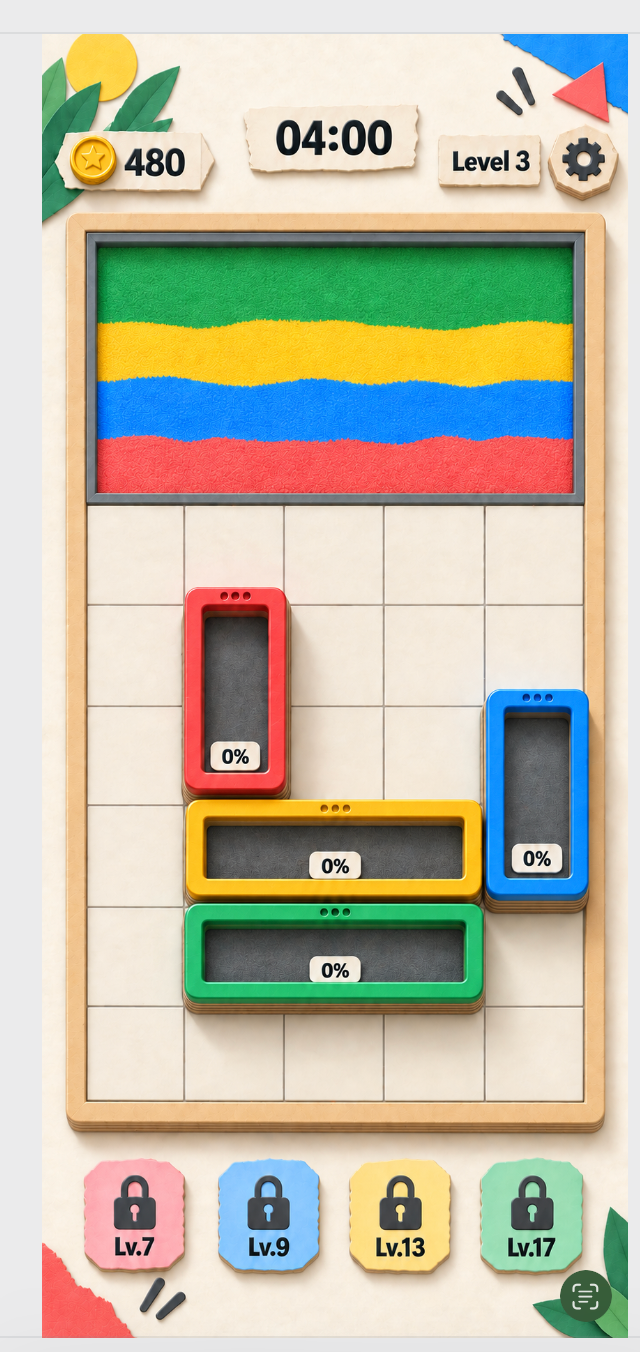 Sand Mosaic gameplay with colored sand bands and level trays