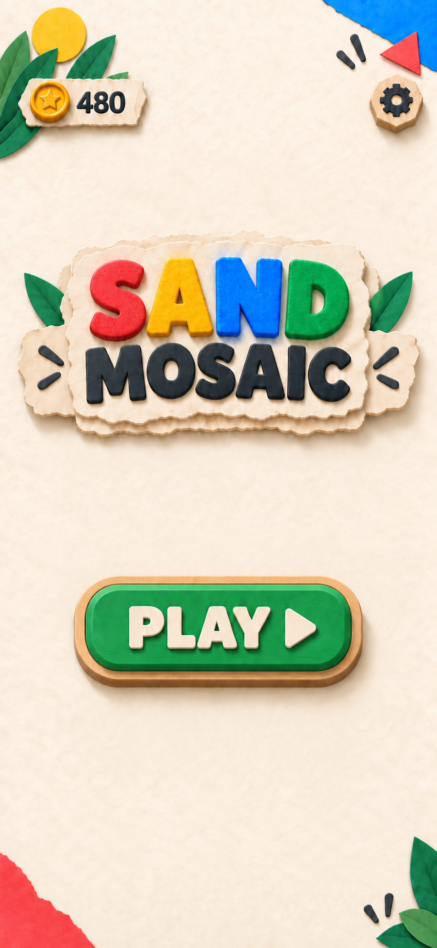 Sand Mosaic home screen with colorful sand mosaic title and green Play button